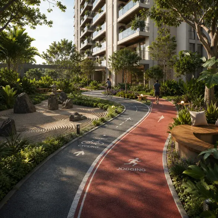 Signature Regal landscaped jogging and cycling track winding past the zen garden