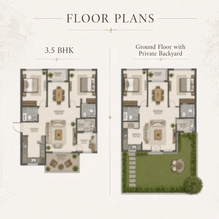 Signature Regal 3.5 BHK floor plan with the ground-floor private-backyard variant Signature Regal 3.5 BHK floor plan with the ground-floor private-backyard variant