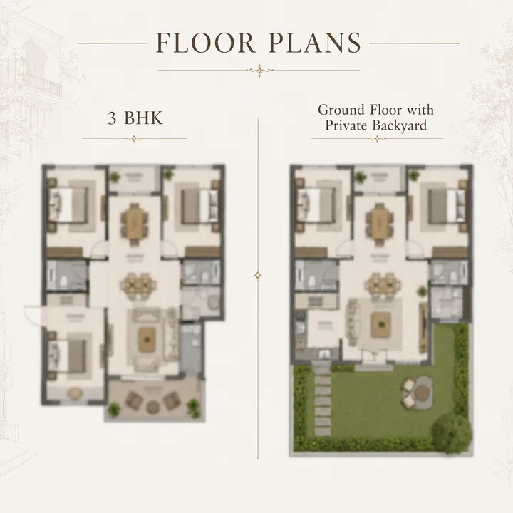 Signature Regal 3 BHK floor plan with the ground-floor private-backyard variant Signature Regal 3 BHK floor plan with the ground-floor private-backyard variant